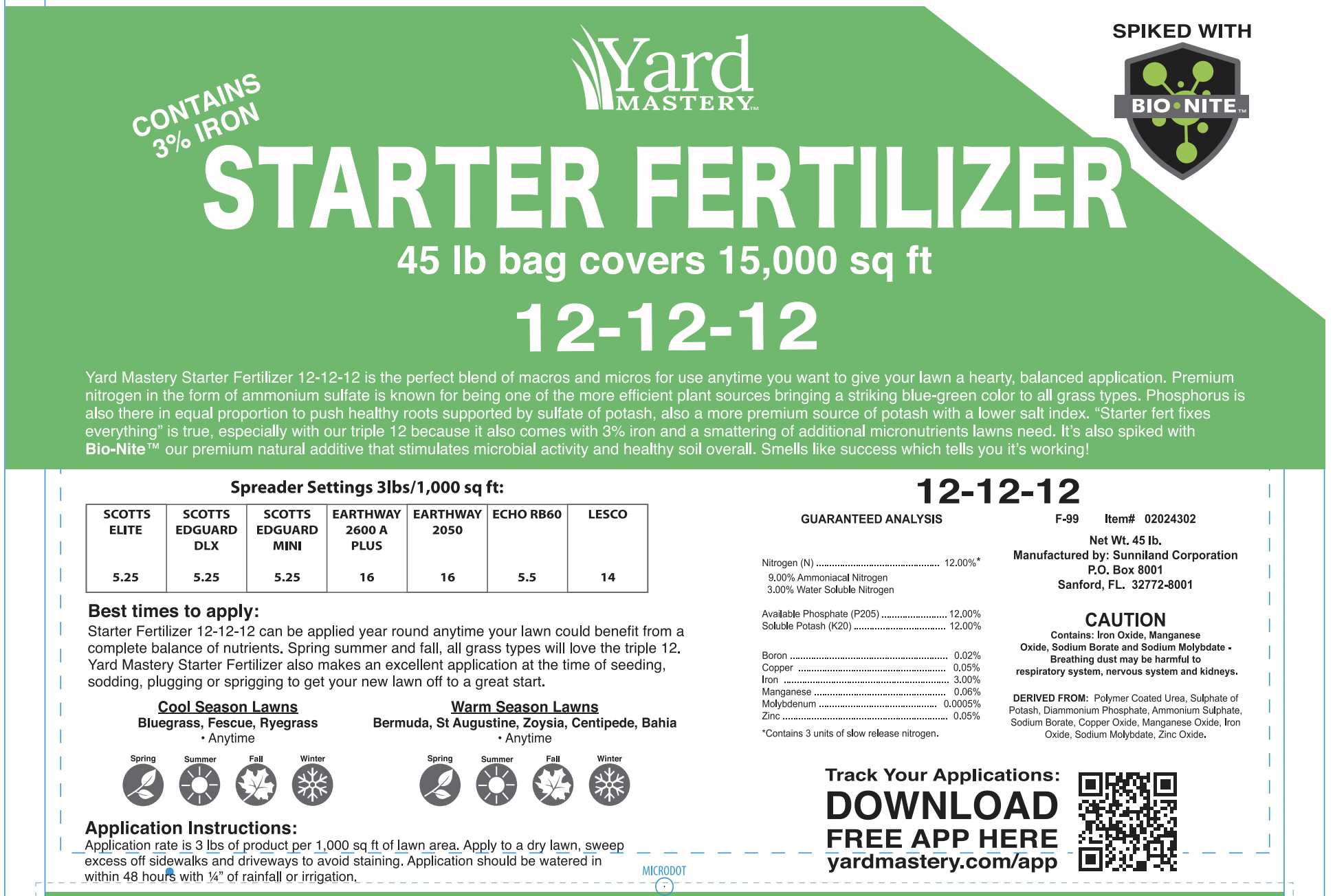 12-12-12 Starter Fertilizer 3% Iron - Bio-Nite - Granular Lawn Fertilizer